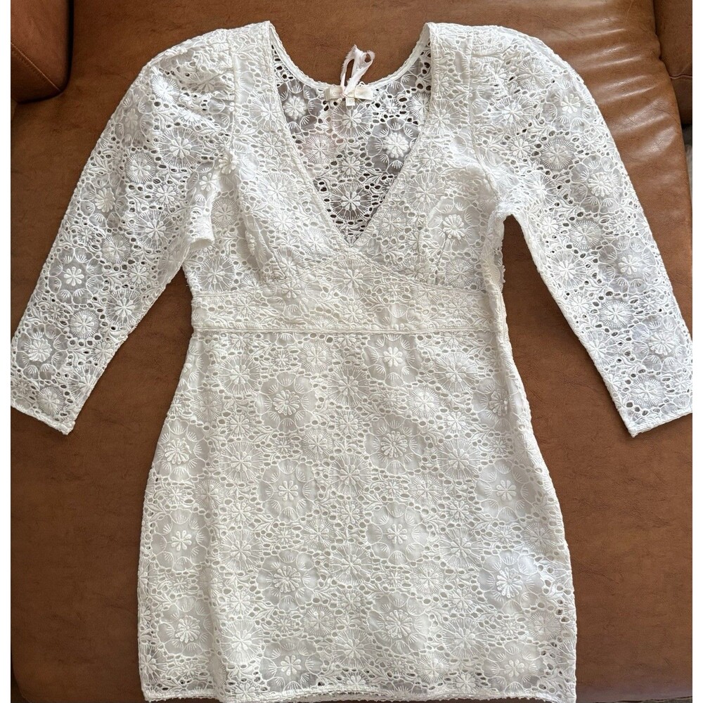 LoveShackFancy Faye White Lace Puff Sleeve Mini Dress Size 6 NWT - Picture 7 of 11